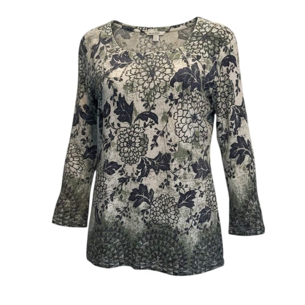 Alfred Dunner Large Floral Cotton Top Blue Sage Sequin Embellished Tee
